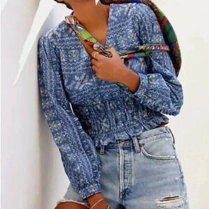 Forever That Girl Anthropologie Blue Long Sleeve Smocked Waist Crop Top Small